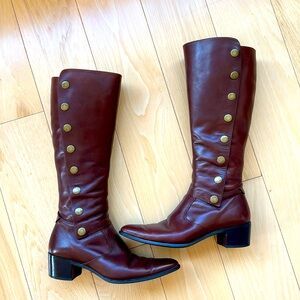 RIZ Women’s KneeHigh Leather Boots, Vintage Looking, Bronze Button, US Size 7